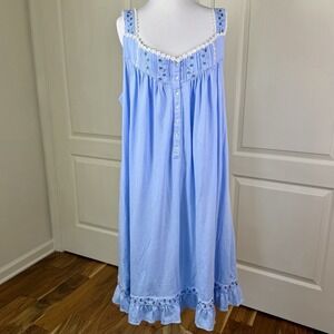 Nwt Eileen West Blue 100% Cotton Knit 38" Nightgown XL Floral Lace Accents